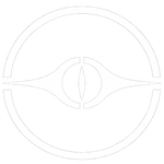 White circular logo with a stylized design on a white background